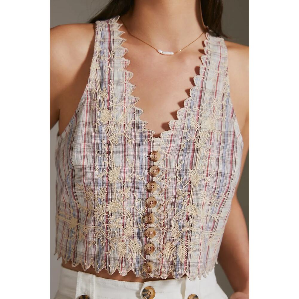 Anthropologie Plaid Embroidered Button Front Cropped Vest 2 Western Boho Cottage